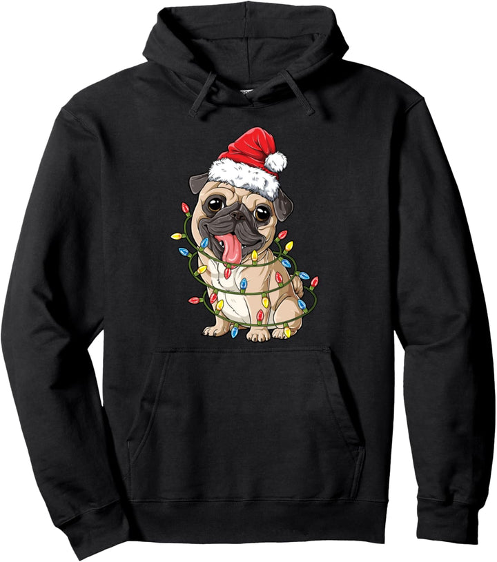 Pug Santa Christmas Tree Lights Xmas Gifts Boys Pugmas Dog Pullover Hoodie