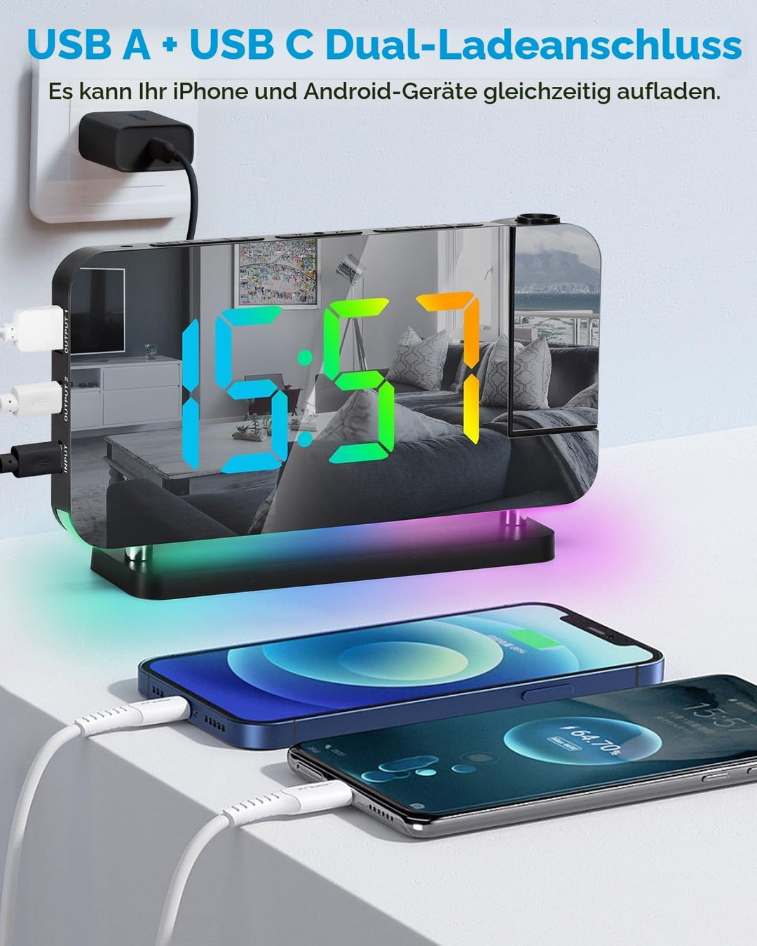 SZELAM Projektionswecker, 7.4 Zoll Digitale Spiegeluhren, mit 180° drehbarem Projektor, RGB-Nachtlic