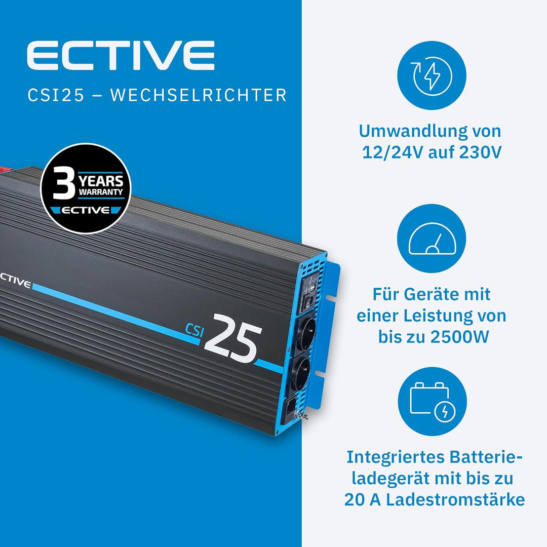 ECTIVE Reiner Sinsus Wechselrichter CSI 25-2500W, 12V auf 230V, USB, USV Funktion, Überhitzungsschut