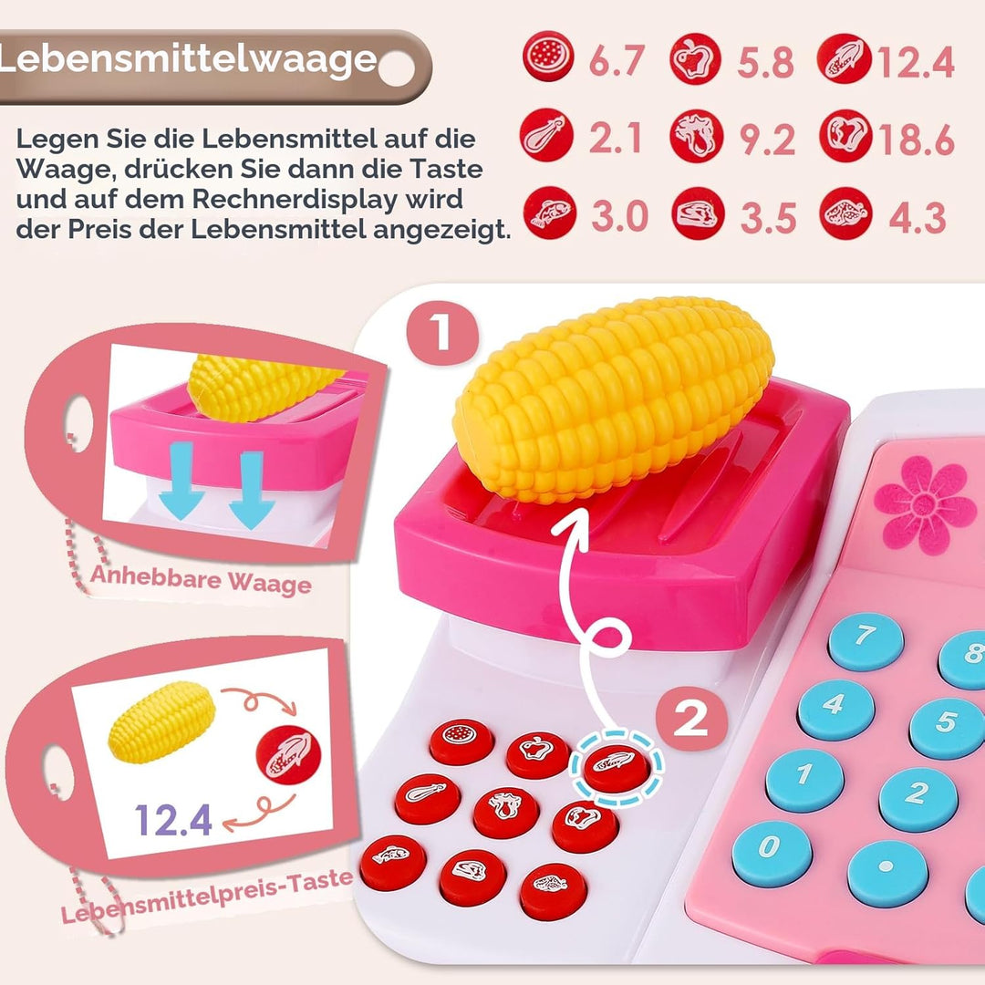BUYGER Spielzeug Kasse Kinder mit Scanner Waage Mikrofon, Spielkasse mit Litchi und Sound, Kaufladen