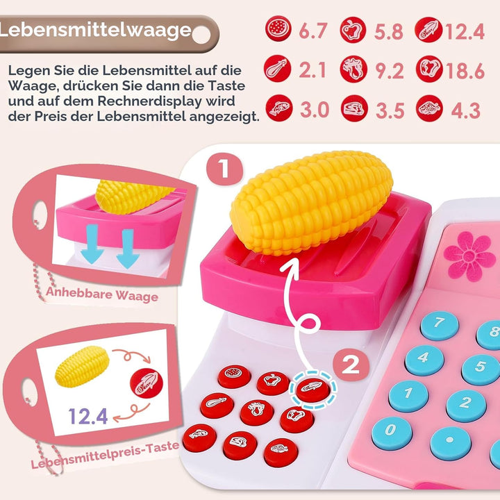 BUYGER Spielzeug Kasse Kinder mit Scanner Waage Mikrofon, Spielkasse mit Litchi und Sound, Kaufladen