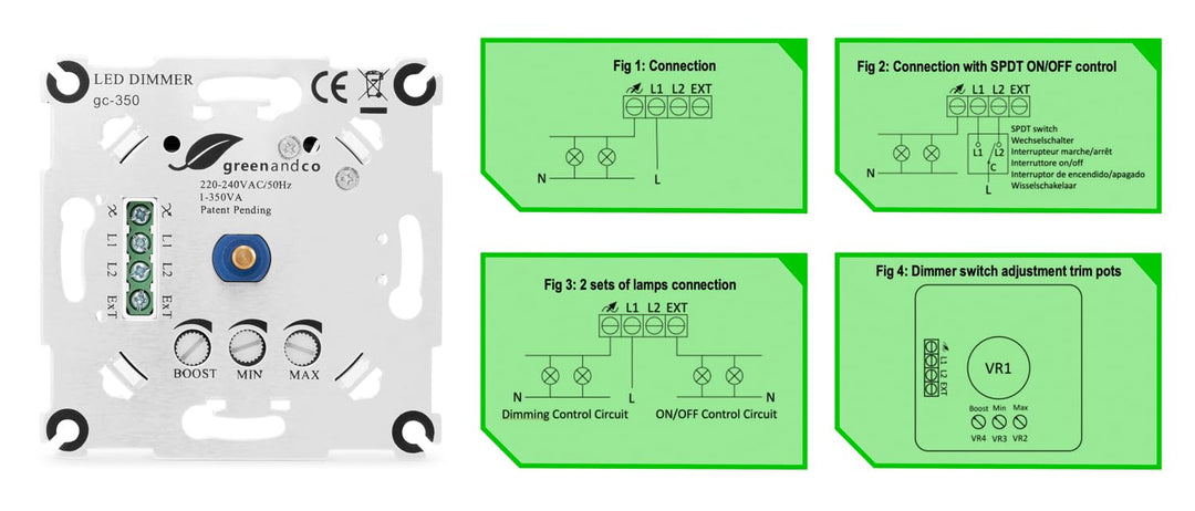 2x greenandco® gc-350 Unterputz LED und Halogen Dimmer 1-350 Watt, für Wechselschaltungen geeignet,