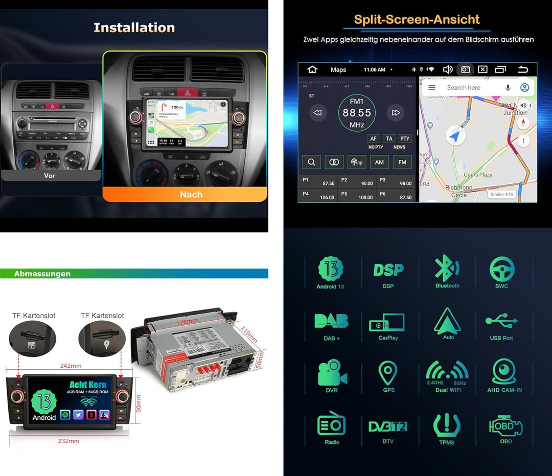 Erisin 7 Zoll 8-Kern 4GB+64GB Android 12 Autoradio 1Din Bluetooth mit GPS Navi für FIAT Punto Linea
