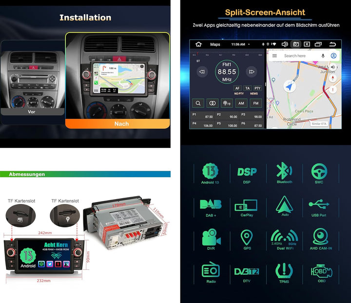 Erisin 7 Zoll 8-Kern 4GB+64GB Android 12 Autoradio 1Din Bluetooth mit GPS Navi für FIAT Punto Linea