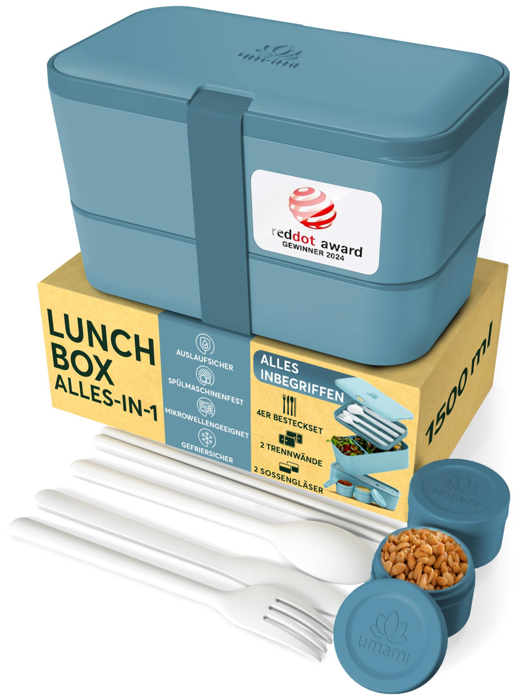 Umami Lunchbox Erwachsene, Verschachtelbar Auslaufsichere Bento Box mit 4 Bestecke & Fächern, Brotdo