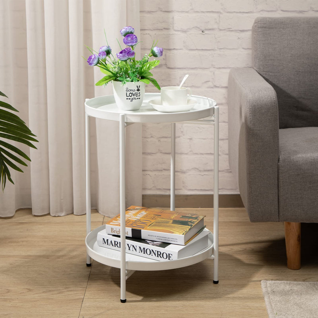 HollyHOME Runder Beistelltisch, 2 Ebenen Beistelltisch Metalltablett, Snacktisch, Couchtisch, Teetis
