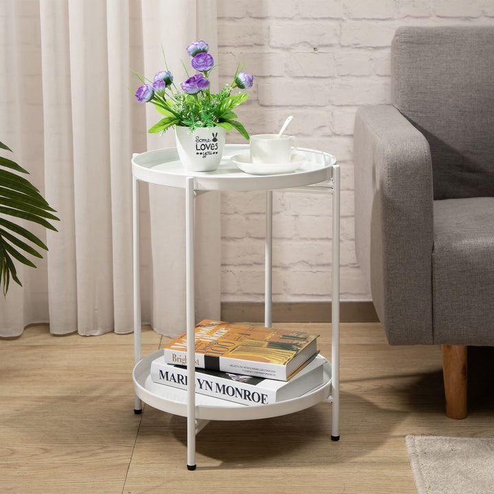 HollyHOME Runder Beistelltisch, 2 Ebenen Beistelltisch Metalltablett, Snacktisch, Couchtisch, Teetis