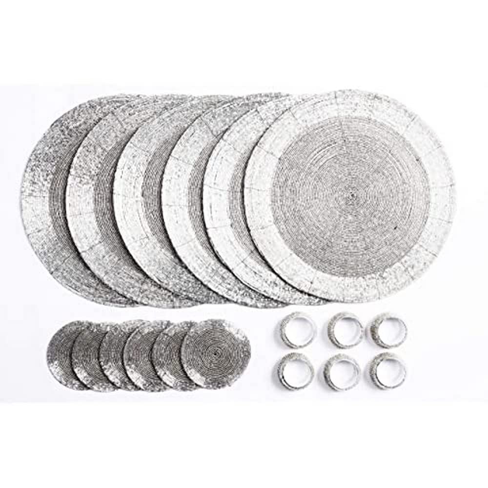 Penguin Home Set mit 18 Glasperlen Platzdeckchen, Untersetzern und Serviettenringen – silberfarben –