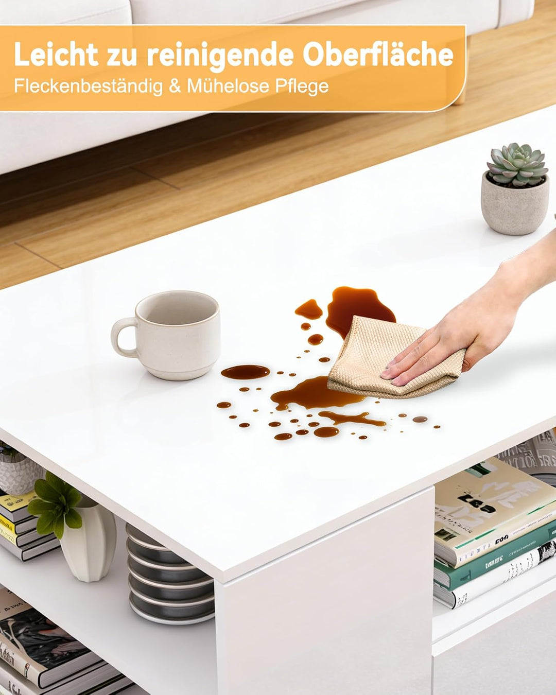 Senvoziii Couchtisch Wohnzimmertisch mit Regal Hochglanz Modern Beistelltisch Kaffeetisch mit 2 Schu