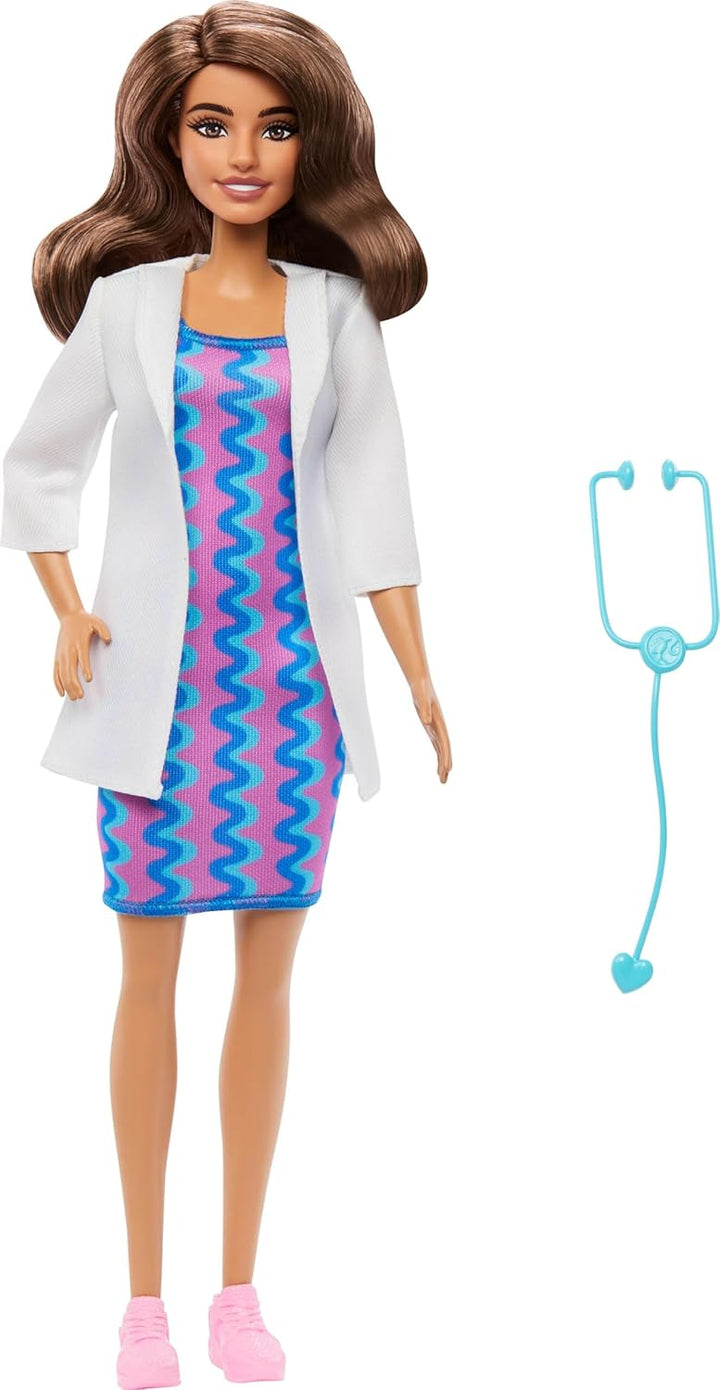 Barbie Karriere Ärztin-Modepuppe mit Abnehmbarer Kleidung, weissem Arztkittel, Kleid und Schuhen sow