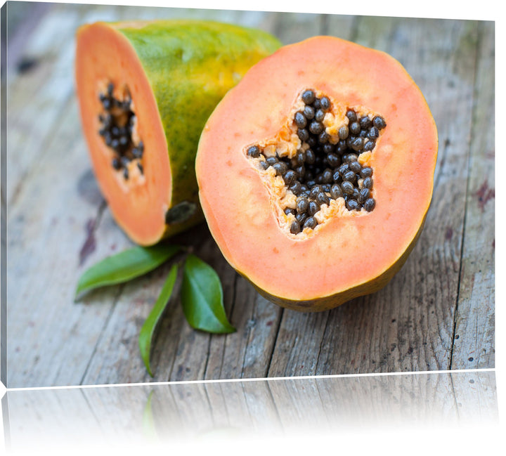 Pixxprint Genüssliche Papaya aufgeschnitten als Leinwandbild/Grösse: 100x70 / Wandbild/Kunstdruck/fe