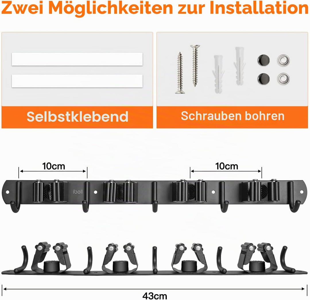 2 Stück Besenhalterung Wand, ibell Gerätehalter Edelstahl mit 4 Halter und 5 Haken, Gartengerätehalt