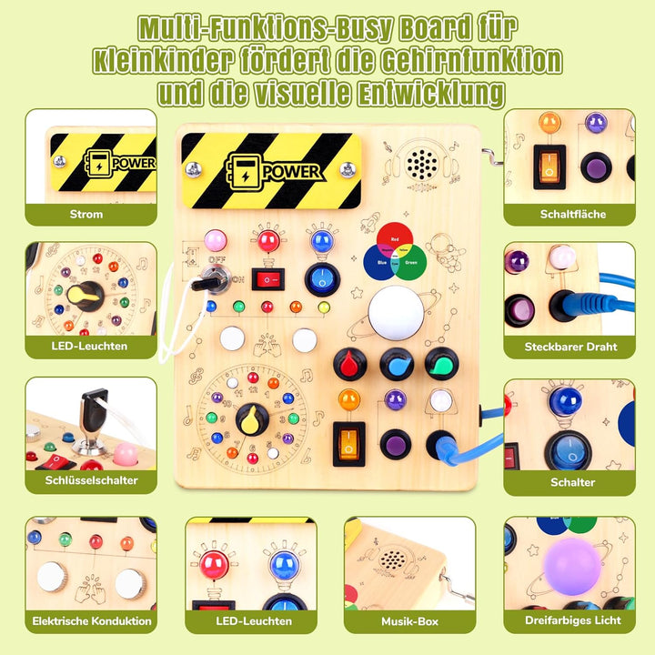 Hoarosall Montessori Busy Board Activity Board Holz Spielzeug ab 1 Jahr mit 12 Schaltern & 24 LED-Le
