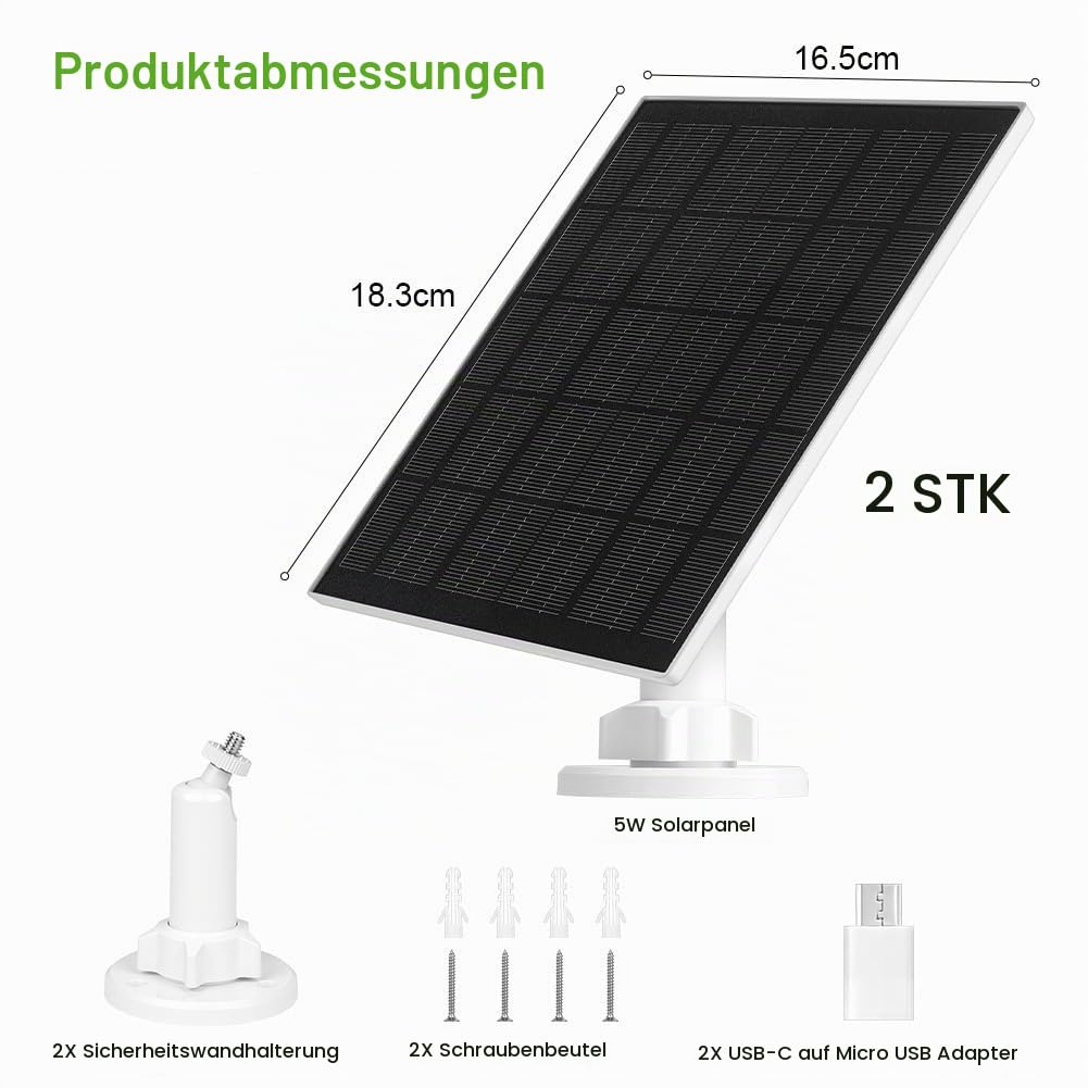 URAQT 2 Pack Solarpanel für Eufy kamera, 5W Kamera Solarpanel Kompatibel mit Eufycam, Solarmodul für