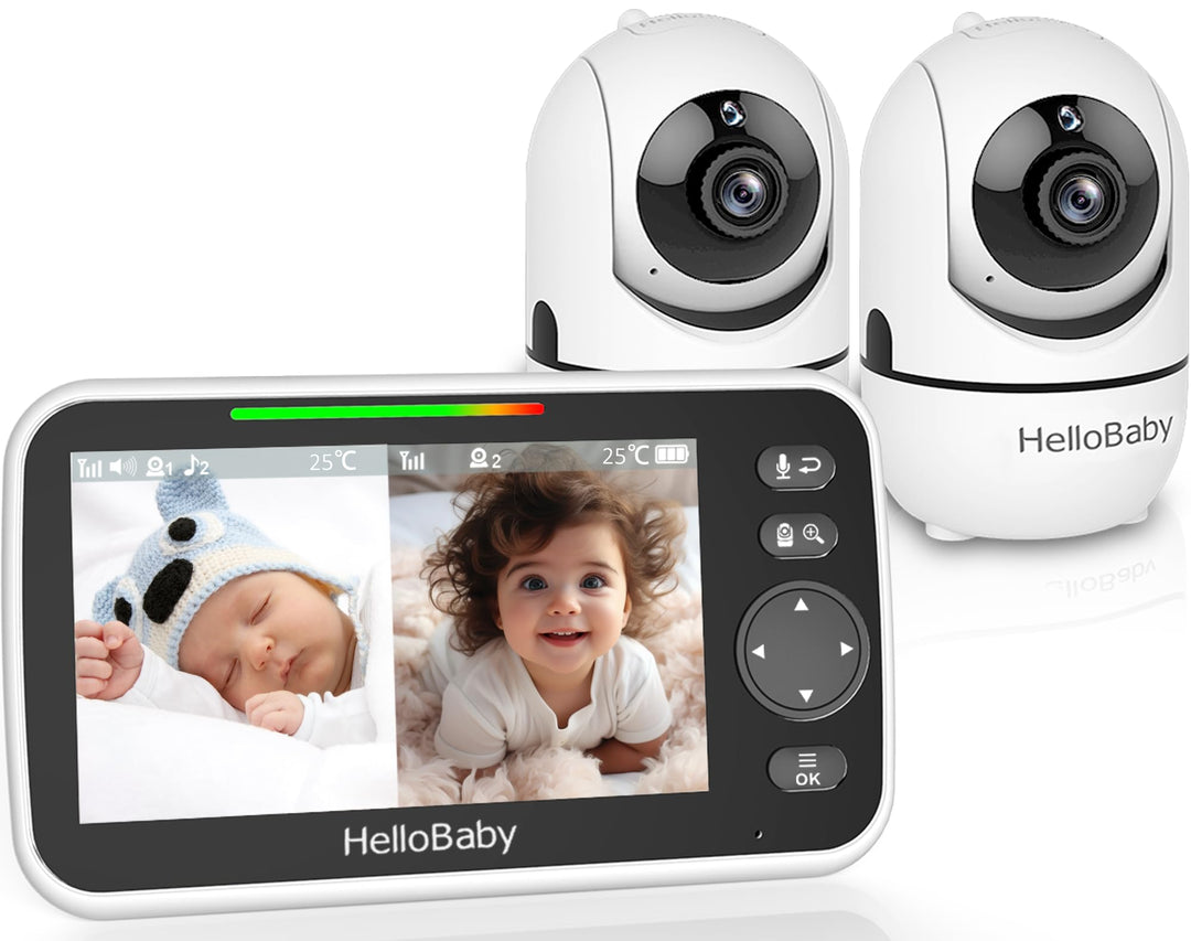 HelloBaby Babyphone mit 2 Kameras, Kein WLAN, 5" Geteilter Bildschirm, Kabelgebundene Kamera, 355°/1
