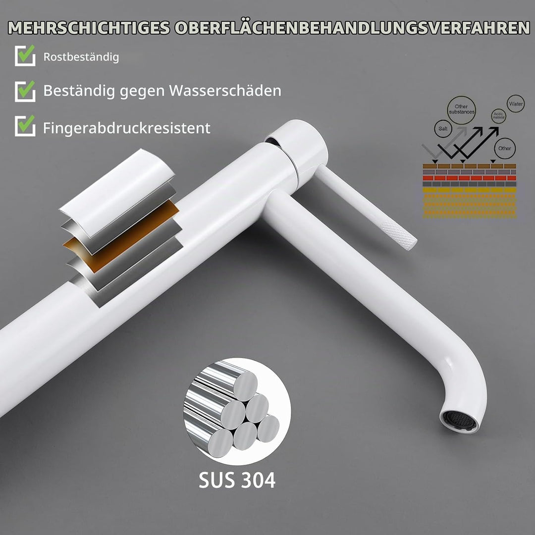 PHASAT Wasserhahn bad hoch, Waschtischarmatur für Waschbecken Weiss, Einhand Mischbatterie für Aufsa