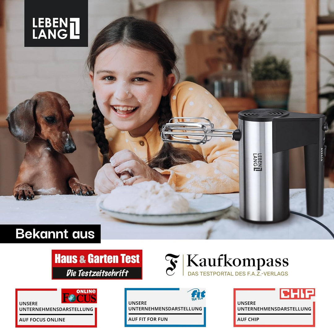 LEBENLANG 400W Handmixer Handrührgerät - 5 Stufen & Turbo Inkl. Standhalterung I Hand Mixer Handrühr