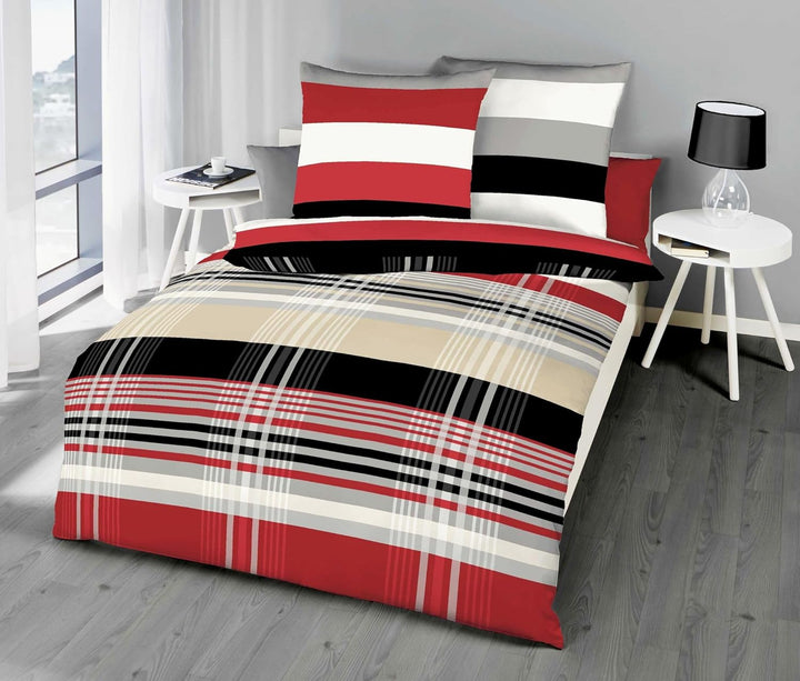 Kaeppel Biber Bettwäsche Set Prime Time Rot Schwarz Weiss Streifen, Grösse:240x220cm Bettwäsche, 240