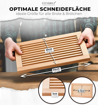 FEINHOLZ Brotschneidebrett mit Krümelrost aus Holz • 40cm x 25cm • Buchenholz geölt • Schneidebrett