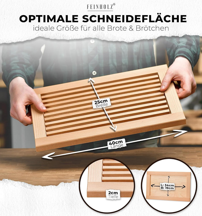 FEINHOLZ Brotschneidebrett mit Krümelrost aus Holz • 40cm x 25cm • Buchenholz geölt • Schneidebrett