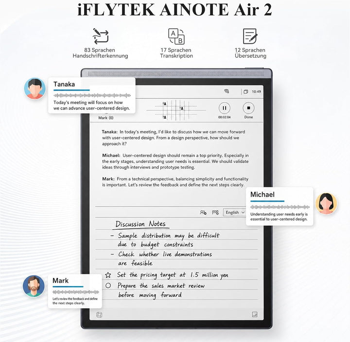 iFLYTEK AINOTE Air 2 Digitales Notizbuch, 8,2 Zoll E-Ink, Schwarze Hülle | KI-Notizgerät: Meeting-Pr