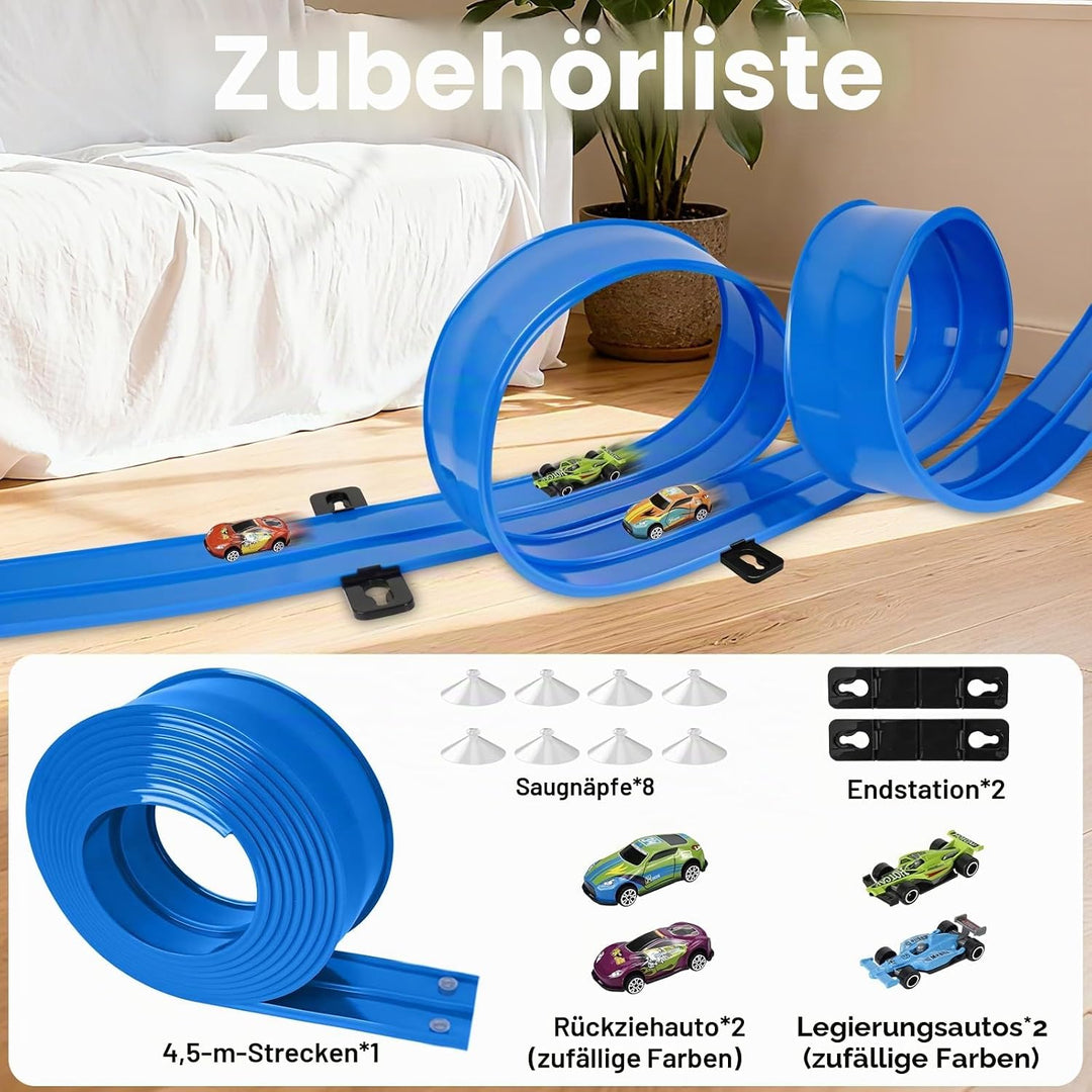 Autorennbahn 4.5M Rennbahn Kinder, Rennstrecke Auto Spielzeug mit 4 Autos und Aufbewahrungstasche, D