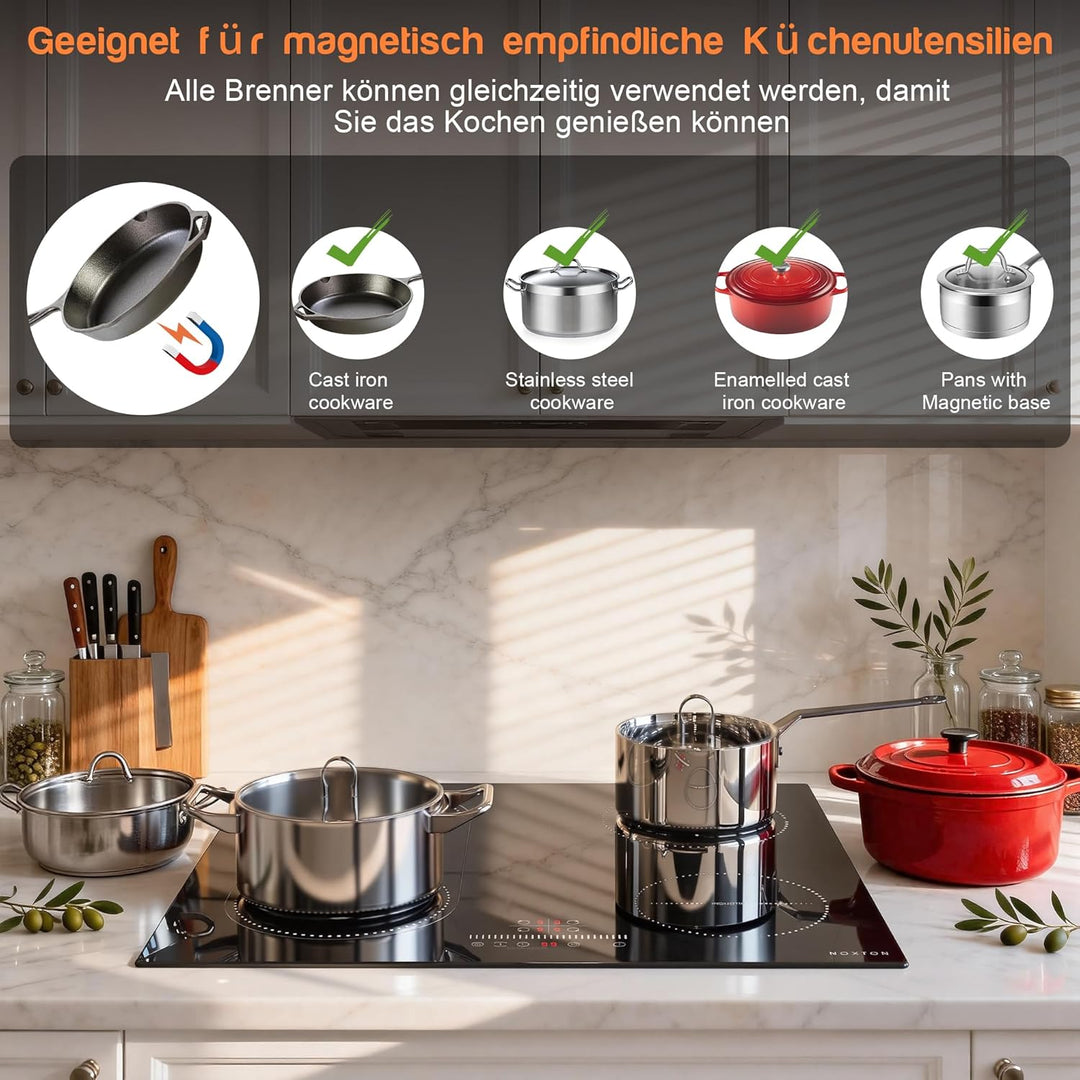 NOXTON Induktionskochfeld Einbau, Kochfeld Induktion 3500w - Flexzonen 4-Zonen, 3500w - Flexzonen 4-