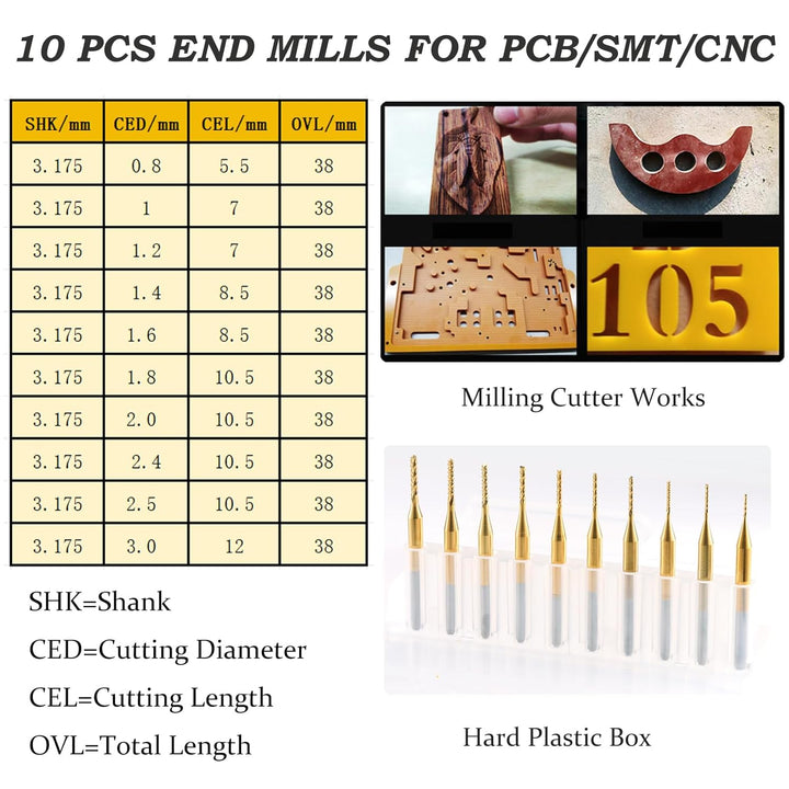 10 Stücke Hartmetall Schaftfräser, 1/8 Schaft Titan Coat CNC Fräser Stückchen Fräser Schnitzsatz, St