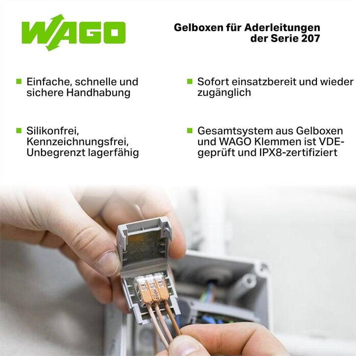 WAGO Gelbox 207-1333 | für max. 4 mm²-Klemmen, 3 Stück, Abzweig für Aderleitung mit Gel, wasserdicht