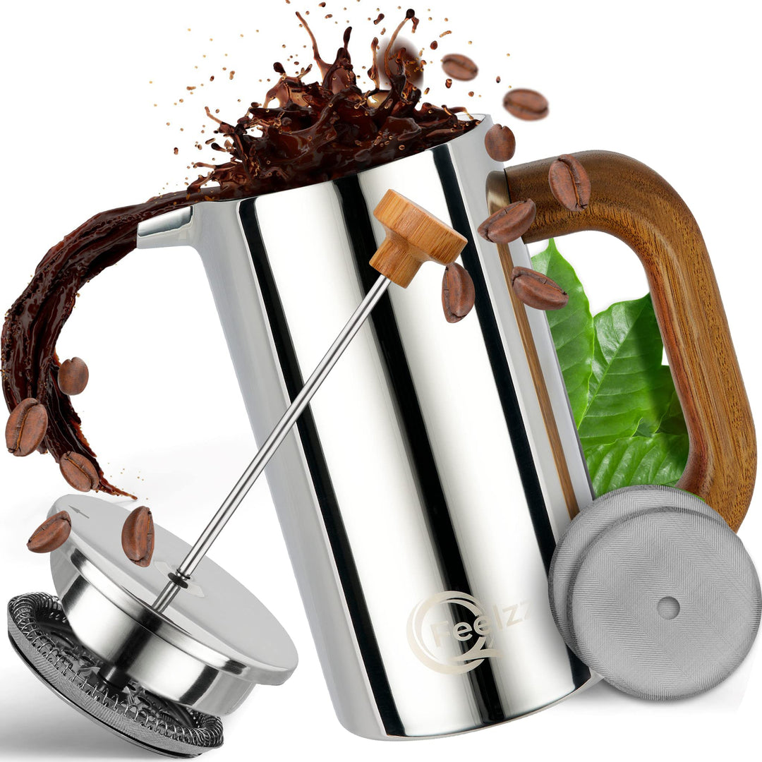 QFeelzz French Press – Edelstahl Kaffeebereiter mit Holzelementen – Thermo Kaffeepresse [Silber-Desi