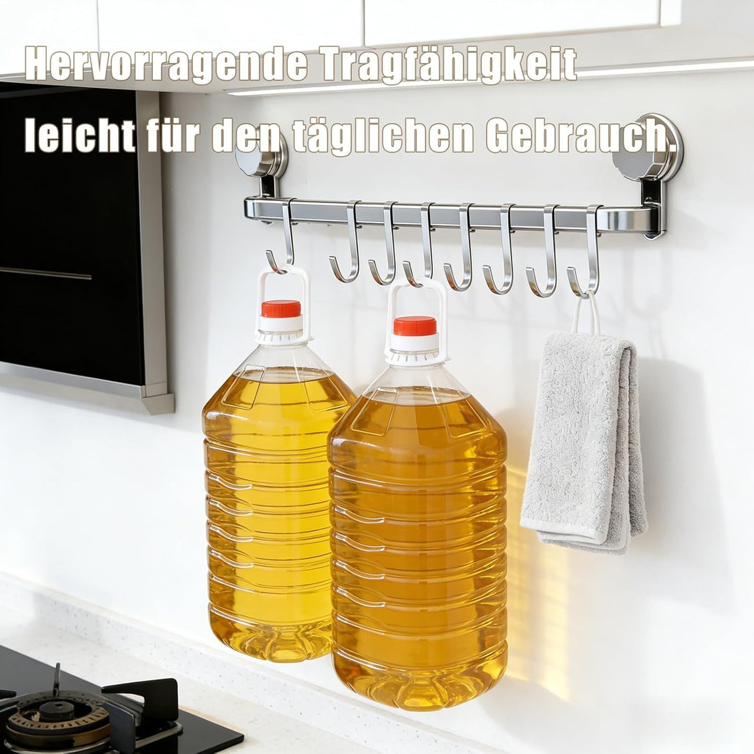 Hakenleiste Küche ohne Bohren mit 8 Haken,Küchenutensilienhalter Saugnapf Montage,45 cm lang,Halter