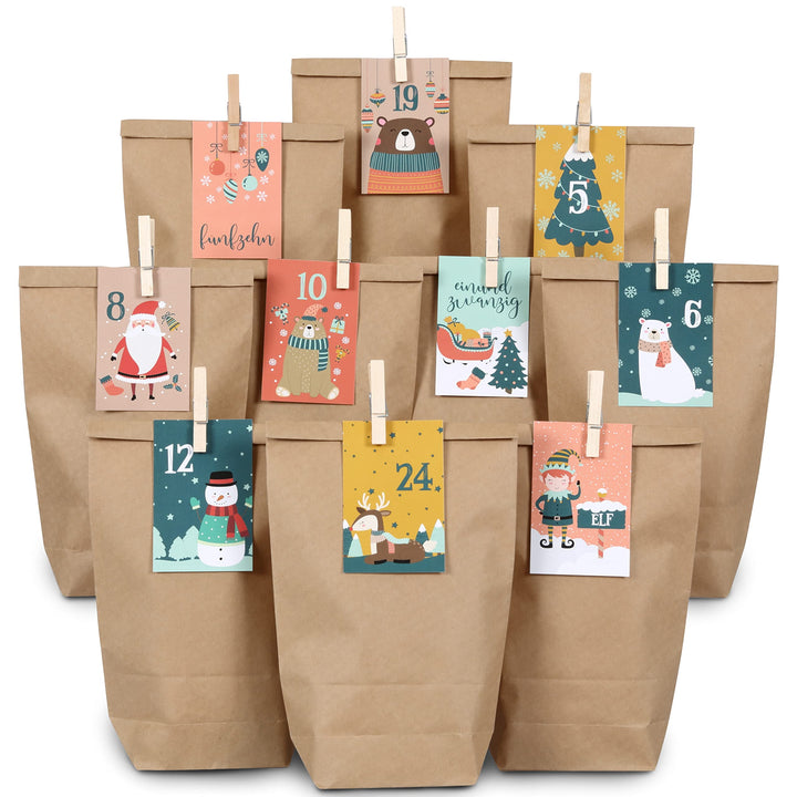 Papierdrachen Adventskalender 2025 zum Befüllen - 24 bedruckte Papiertüten mit Zahlenkarten & Klamme