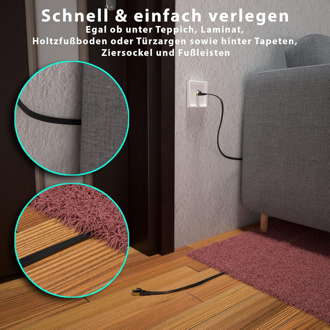KASIMO Cat7-Gigabit-Ethernet-Kabel, 20 m, schwarz, Hochgeschwindigkeits-Flach-RJ45, kompatibel mit P