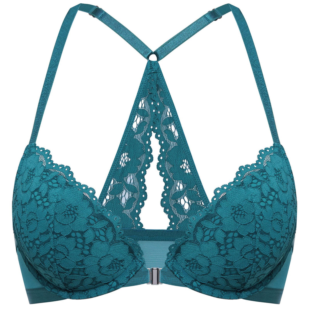 DOBREVA Damen Vorderverschluss BH mit Bügel Push Up Spitzen Neckholder BHS Racerback Tiefer Ausschni