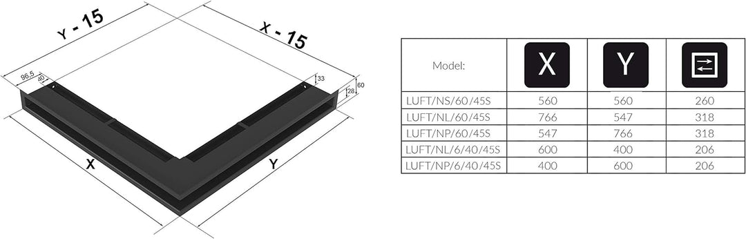 KRATKI Lüftungsgitter LUFT | rechtes Eckkamingitter 547 x 766 x 60 mm | Schwarz | Abluftgitter für K