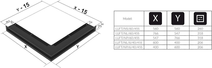 KRATKI Lüftungsgitter LUFT | rechtes Eckkamingitter 547 x 766 x 60 mm | Schwarz | Abluftgitter für K