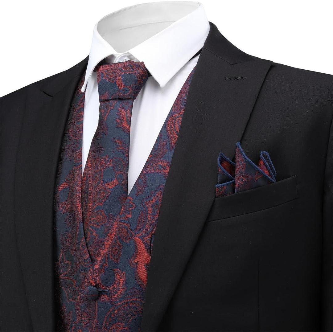 Allthemen Herren Anzugweste Paisley Jacquard Weste Krawatte Einstecktuch Anzug Weste Set für Hochzei