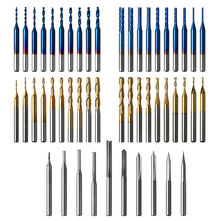 Genmitsu 50 Stück Hartmetall CNC Fräser-Satz, 1/8 Zoll Schaft 2-Flute Schaftfräser, Kugelfräser & Sp