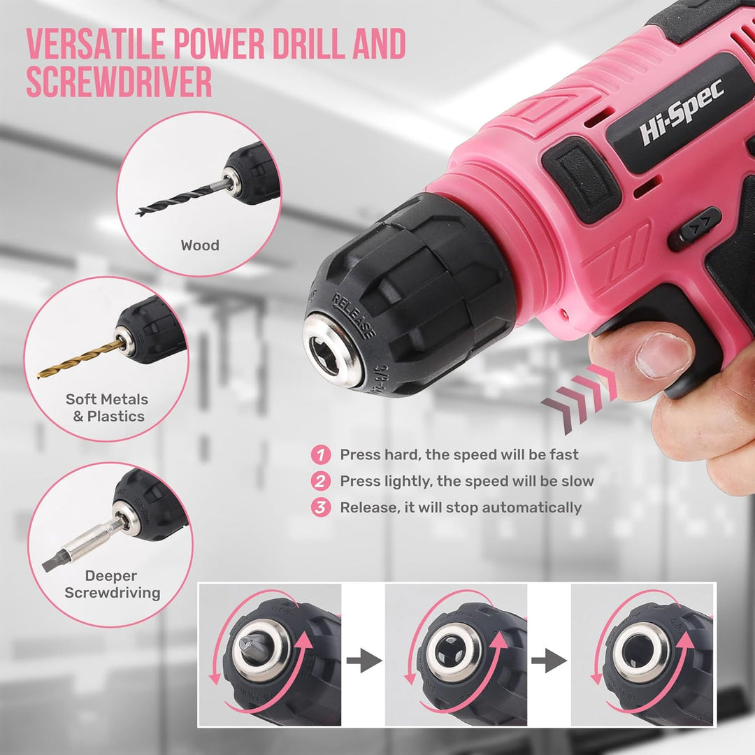 Hi-Spec 8V Akku-Schrauber Set in Pink mit USB-Ladefunktion – Kompakter, kabelloser Elektro-Schrauber