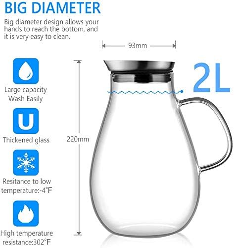 Ehugos Glaskaraffe Wasserkrug aus Borosilikatglas Wasserkaraffe mit Edelstahl Deckel Glaskrug (2L),