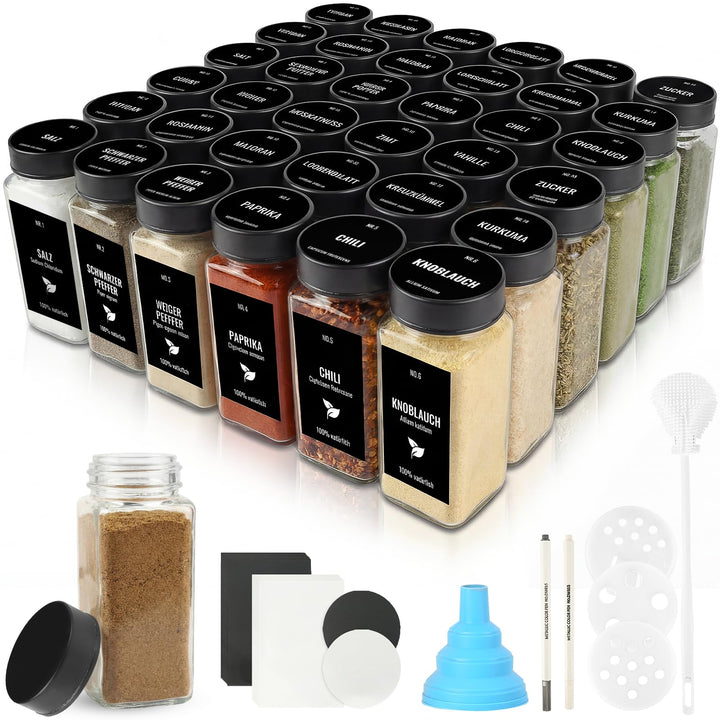 36pcs Gewürzgläser Eckig mit Edelstahldeckel, 120ml Glasbehälter mit Streueinsatz, Luftdichte Gewürz