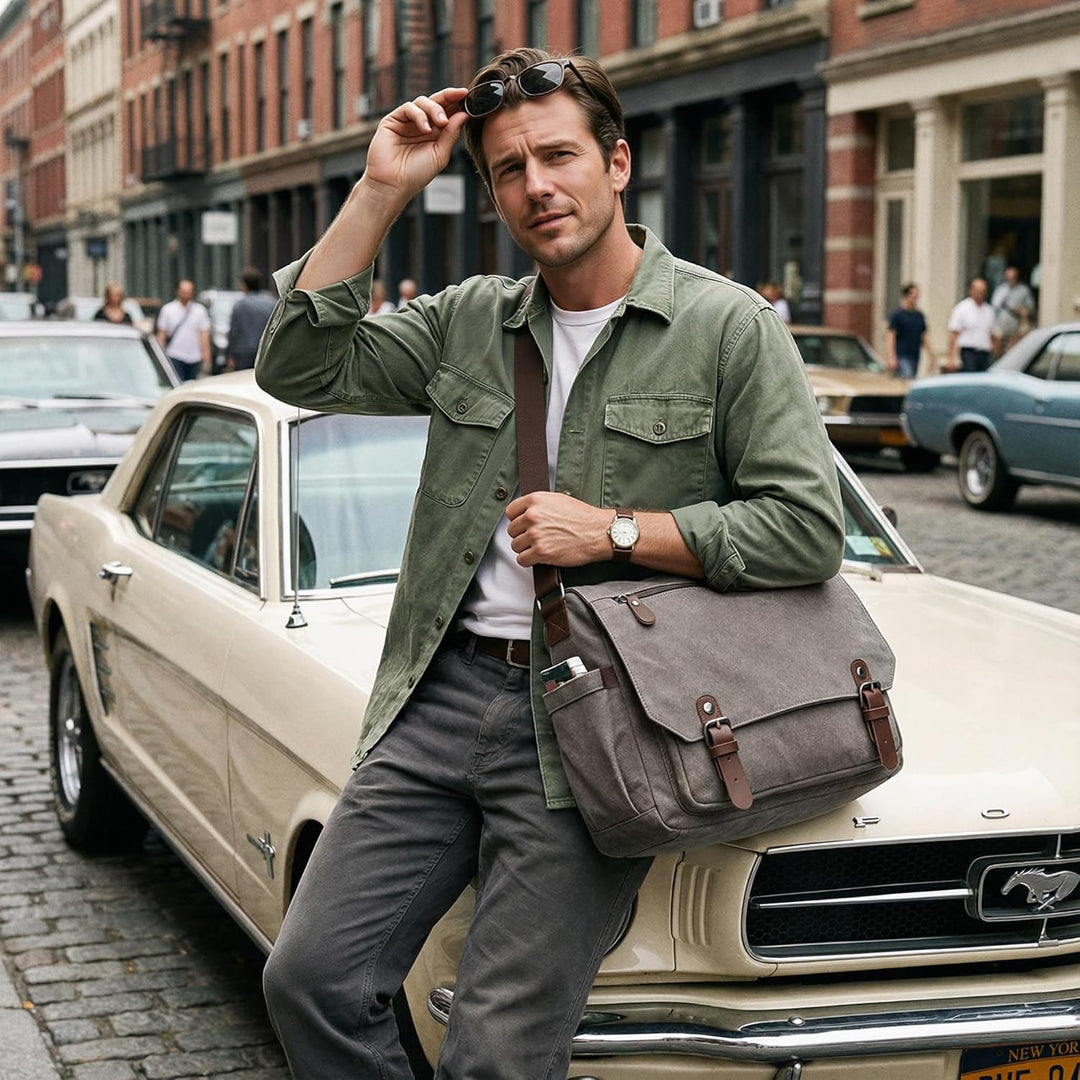 DORRISO Herren Umhängetasche Gross Messenger Bag 14 zoll Laptoptasche für Herren mit Griff Vintage S