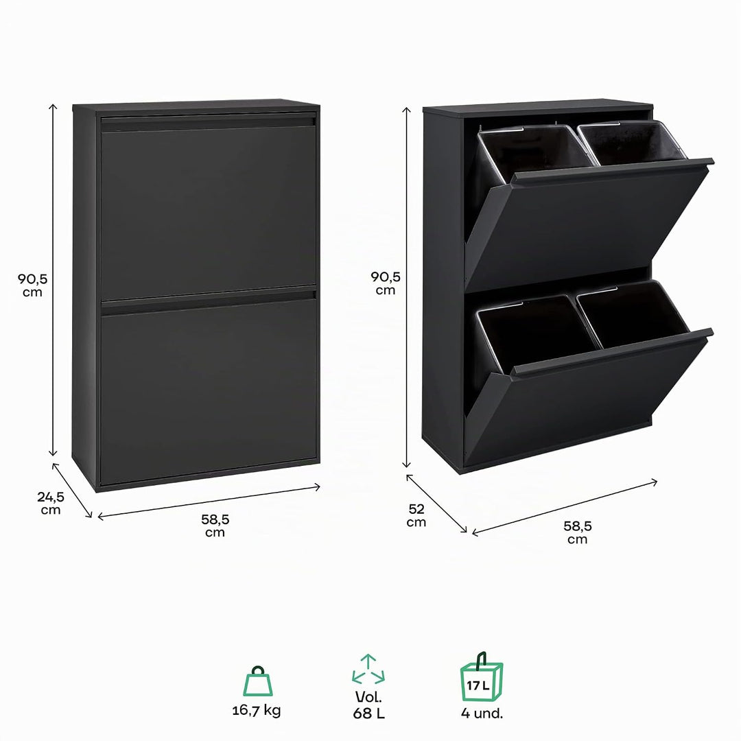 ARREGUI Basic CR606-B Recycling Abfalleimer/Mülleimer aus Stahl, Mülltrennsystem mit 4 entnehmbaren