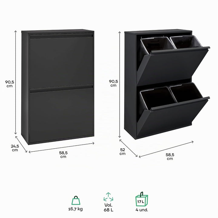 ARREGUI Basic CR606-B Recycling Abfalleimer/Mülleimer aus Stahl, Mülltrennsystem mit 4 entnehmbaren