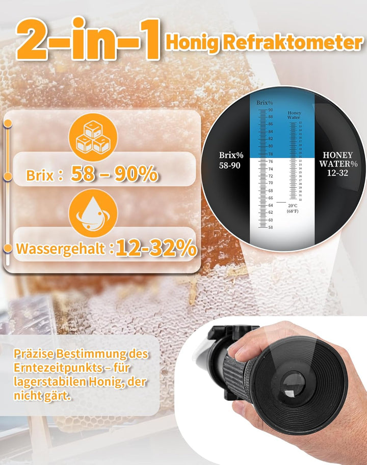 2-in-1 Honig Refraktometer für Imker, Brix 58-90% & Wasser 12-32% – Inkl 72,2% Kalibrierflüssigkeit,