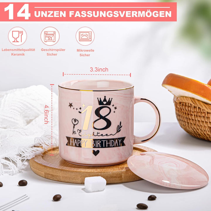 18. Geburtstag Mädchen, Alles Gute zum 18th Geburtstag, 14 Unzen Kaffeetasse mit Golddruck, Lustiges