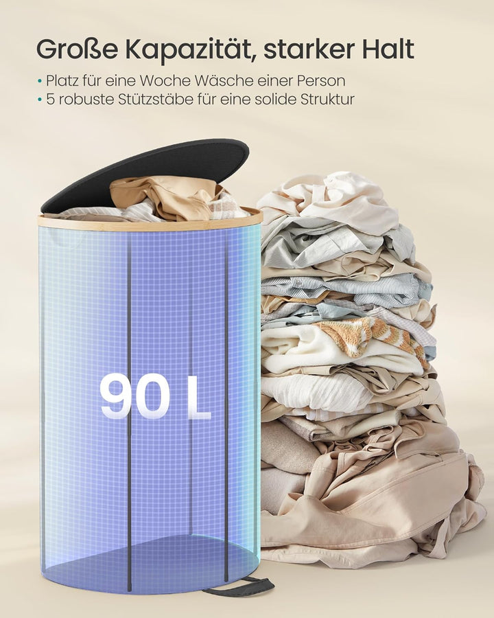 SONGMICS Wäschekorb, Wäschesammler, 90 Liter, Wäschetonne mit Deckel, Wäschesack herausnehmbar, für