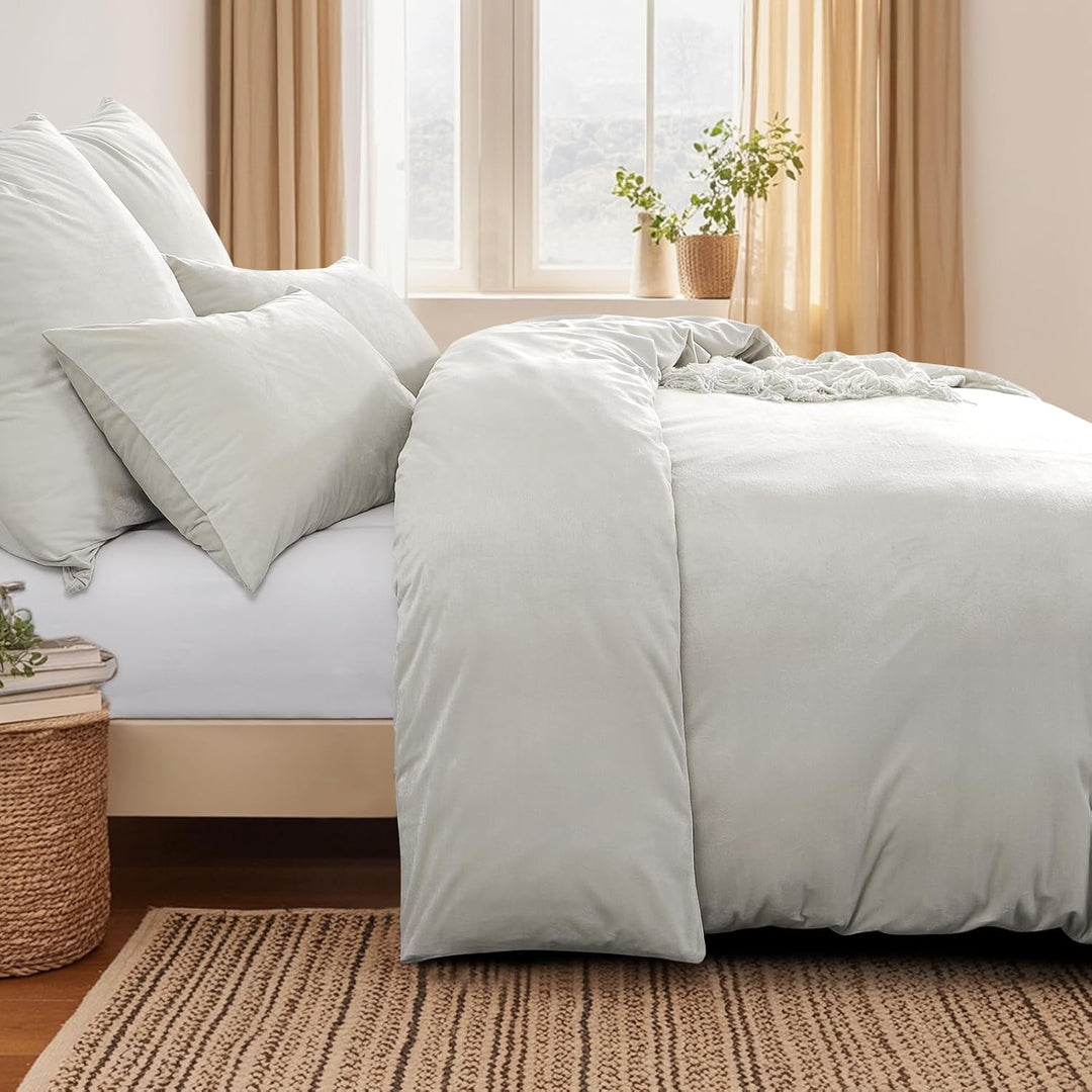 Aisbo Winter Plüsch Bettwäsche 220x240 3teilig Beige - Flanell Flauschige Warme Bettbezug und 2 Kiss