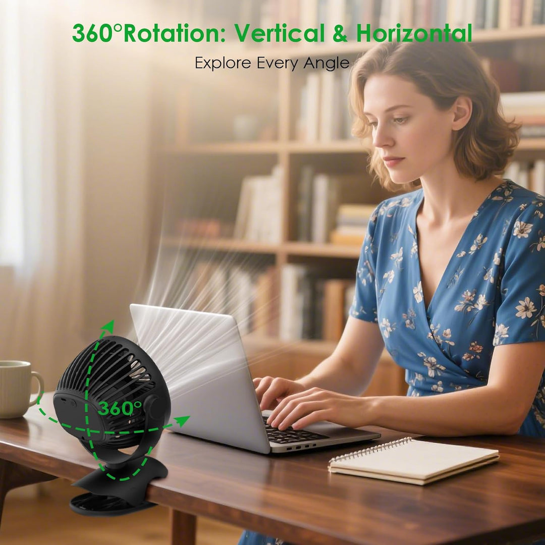 Minthouz USB-Tischventilator mit Clip | 7200mAh Ventilator Akku | 4 Geschwindigkeiten Tragbarer Mini