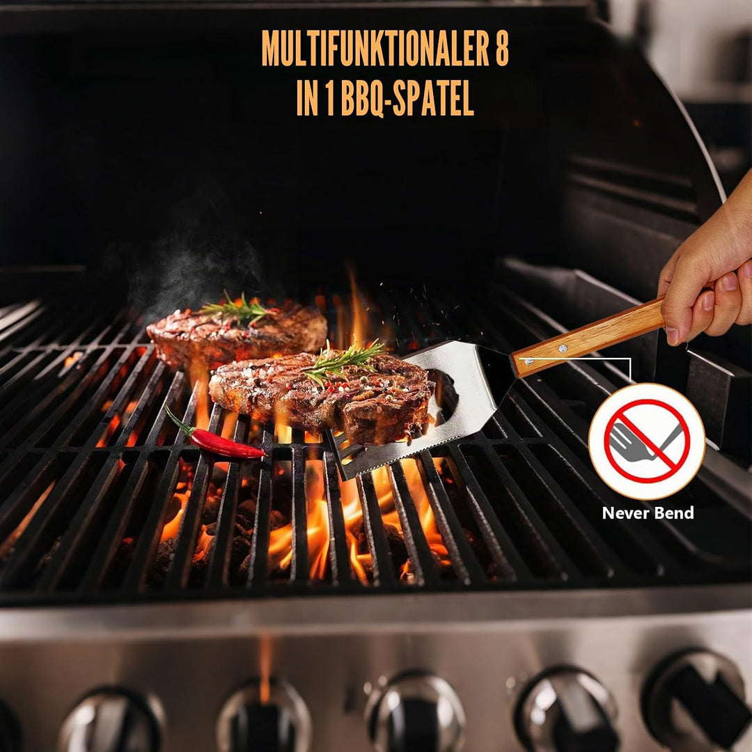 Grillbesteck Set 3-teilig Extra Lang – Edelstahl Grillbesteck mit Holzgriff & Tasche, Grillzubehör m